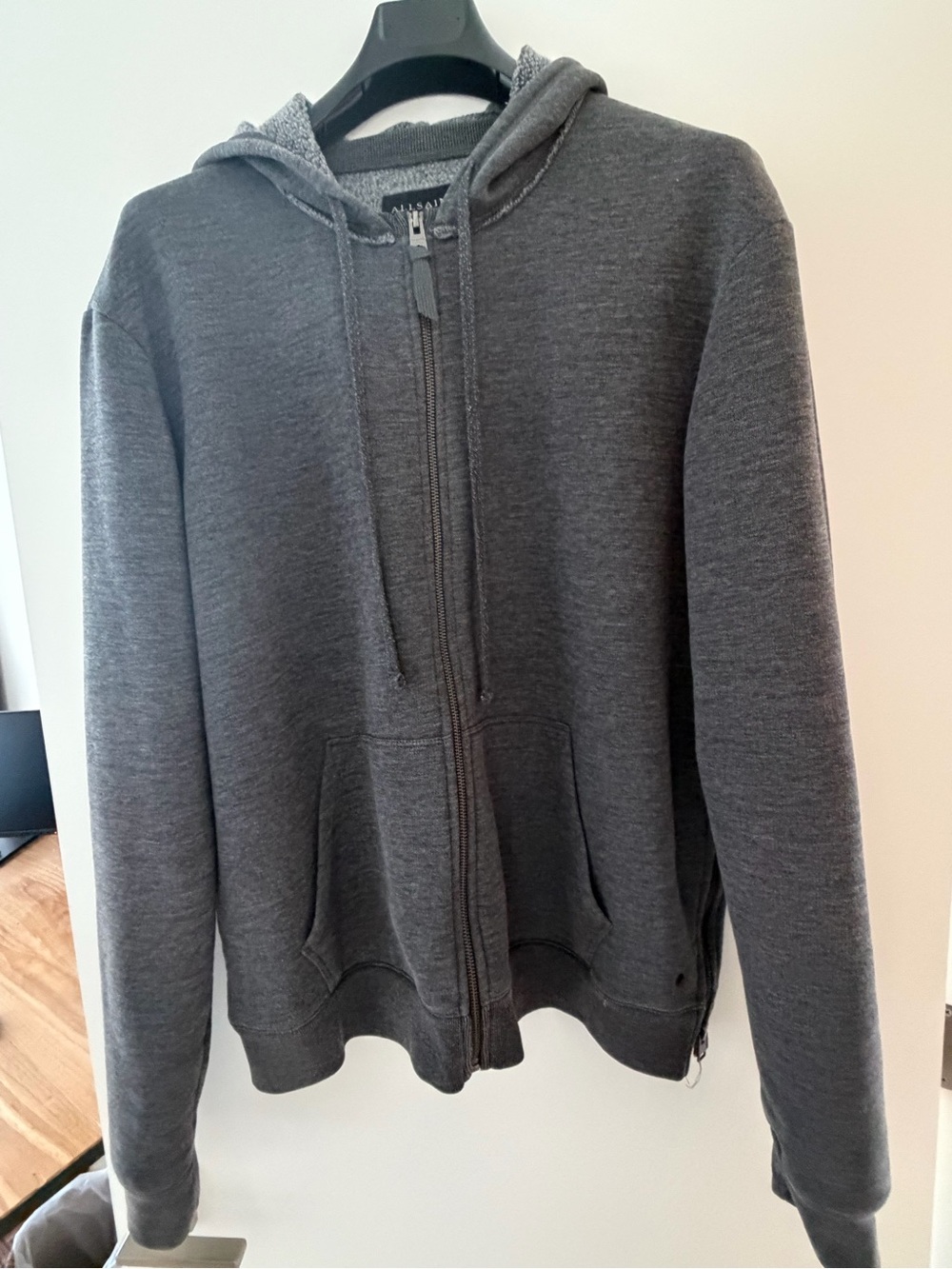 All Saints Men's Size L Zip-Up Hooded Sweater - Charcoal Gray